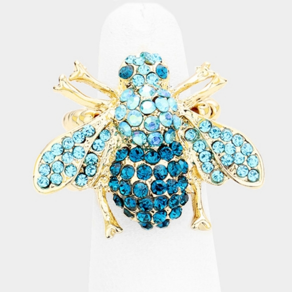 Aqua Blue Gold Rhinestone Crystal Stretch Honeybee Ring 30$